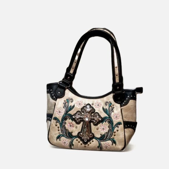 Western Rhinestone Cross Handbag & Wallet Set Tooled Embroidered Purse beige - Picture 2 of 9